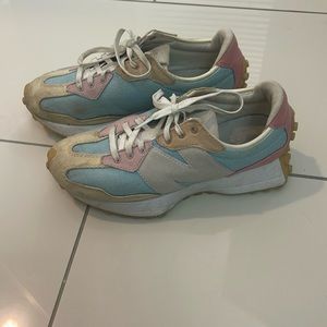 Women’s New Balance 327 Size 7.5. Multicolor- blue, yellow, pink.